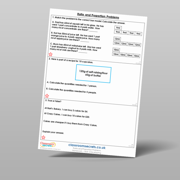 Year 6 Ratio And Proportion Problems Homework Resource | Classroom Secrets