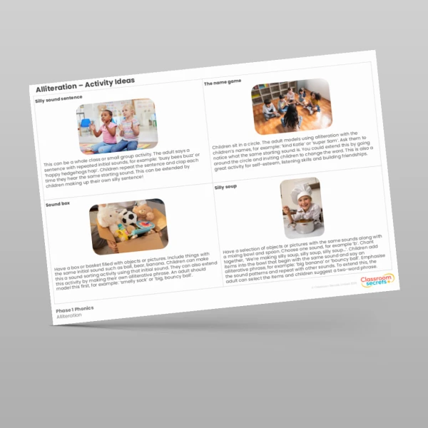 An image of the Phase 1 Phonics Alliteration Activity Ideas Resource