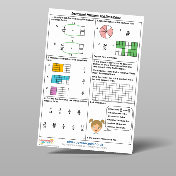 Year 6 Equivalent Fractions And Simplifying Mixed Activity Resource ...