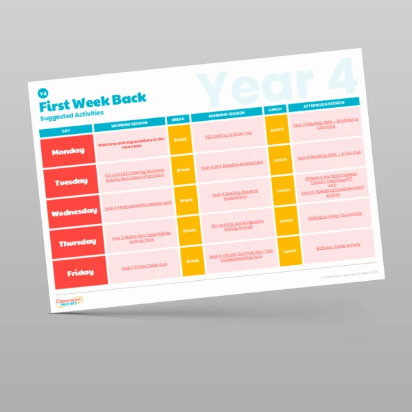 An image of the First Week Back Timetable Resource