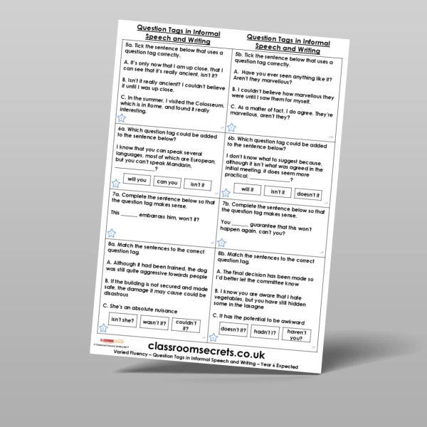 An image of the Question Tags in Informal Speech and Writing Varied Fluency Resource