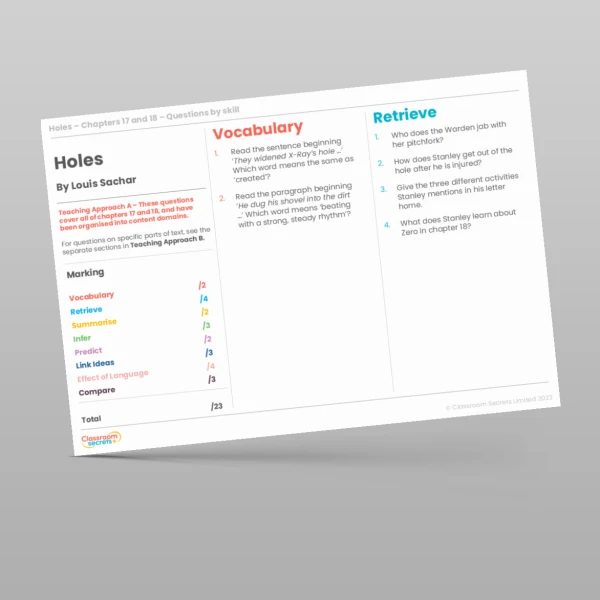 An image of the Reading Skills - Holes - Chapters 17 and 18 Resource