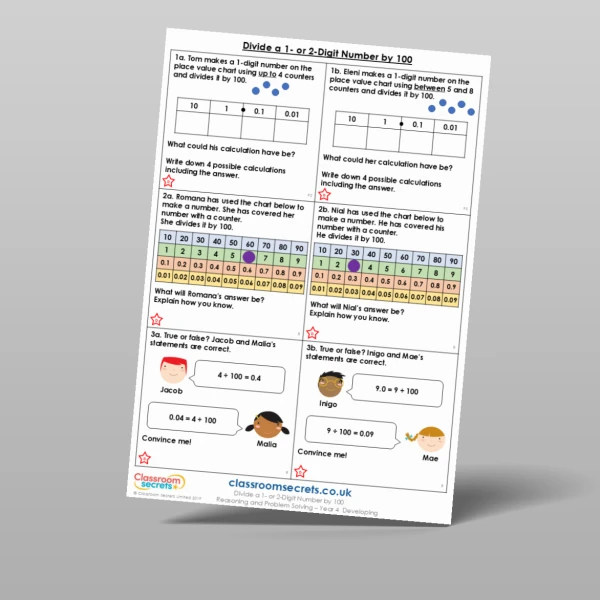 An image of the Divide a 1- or 2-Digit Number by 100 Reasoning and Problem Solving Resource