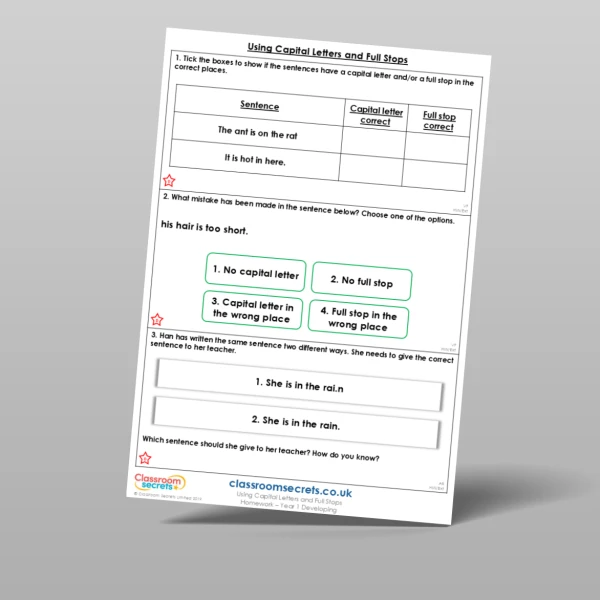 An image of the Using Capital Letters and Full Stops Homework Resource