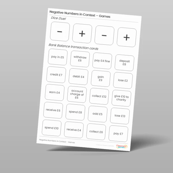 An image of the Negative Numbers in Context Tutor Game Resource
