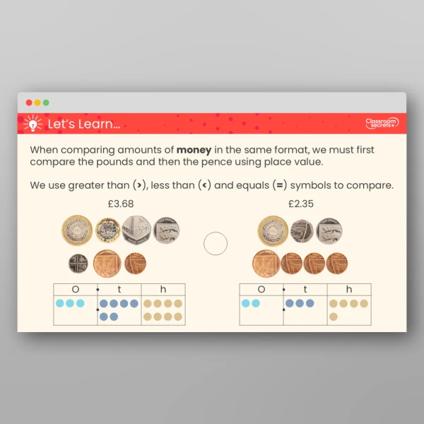 An image of the Compare Amounts of Money Teaching PPT Resource