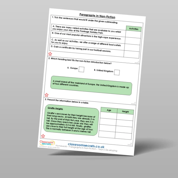 An image of the Paragraphs in Non-Fiction Homework Resource