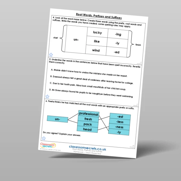 An image of the Root Words, Prefixes and Suffixes Homework Resource