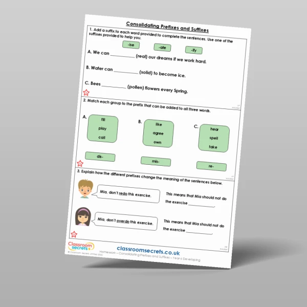 An image of the Consolidating Prefixes and Suffixes Homework Resource