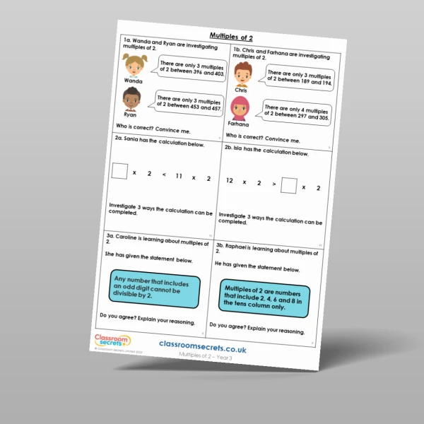 An image of the Multiples of 2 Reasoning and Problem Solving Resource