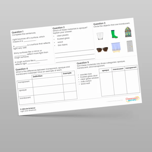 An image of the Light and Shadows 5-Minute Science Resource