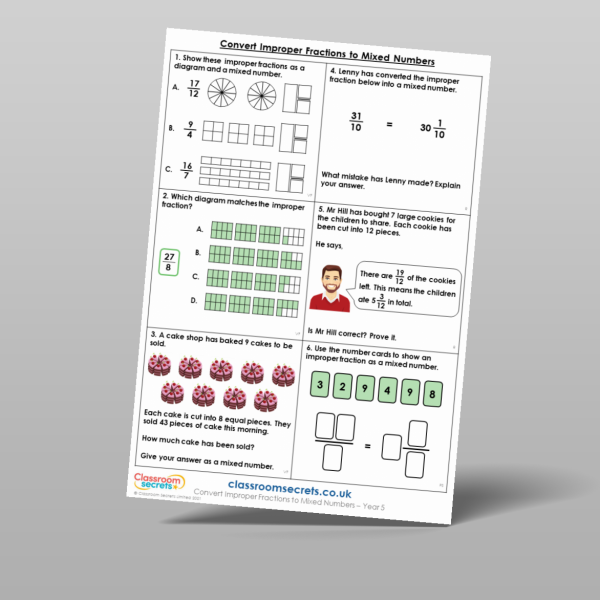 Year 5 Convert Improper Fractions To Mixed Numbers Mixed Activity ...