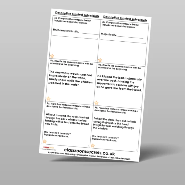 An image of the Descriptive Fronted Adverbials Application and Reasoning Resource