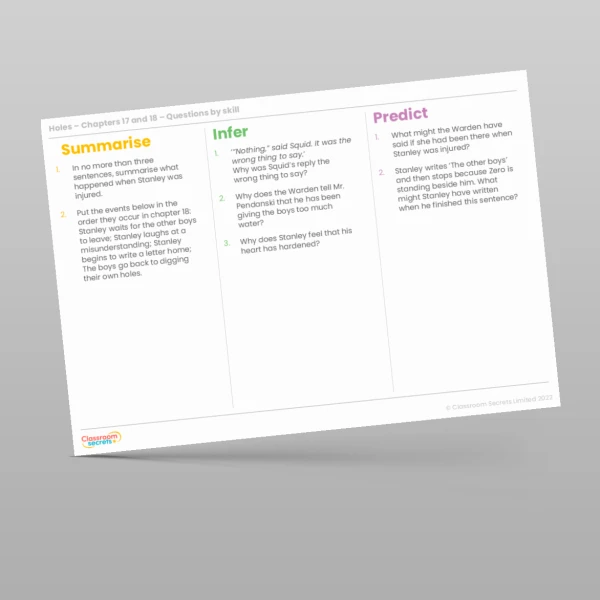 An image of the Reading Skills - Holes - Chapters 17 and 18 Resource