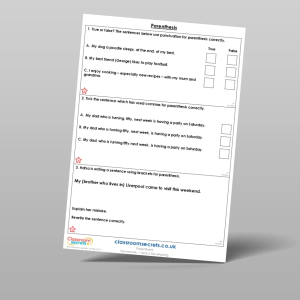 An image of the Parenthesis Homework Resource