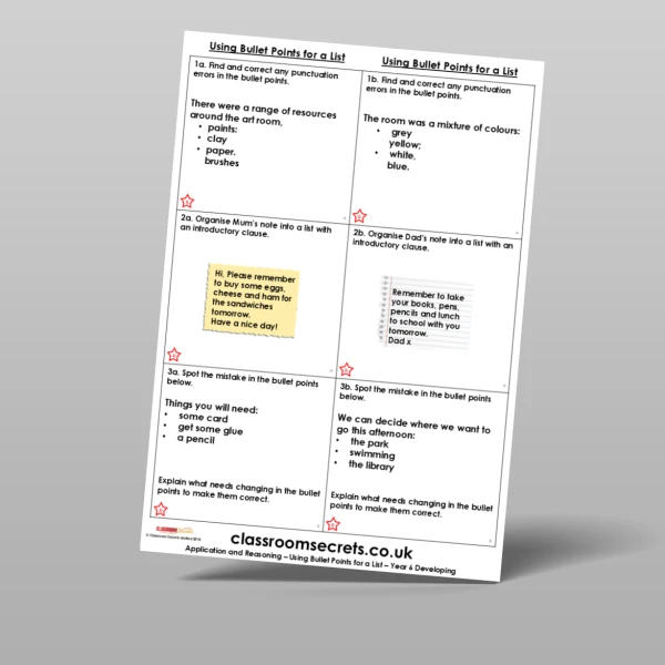 An image of the Using Bullet Points for a List Application and Reasoning Resource