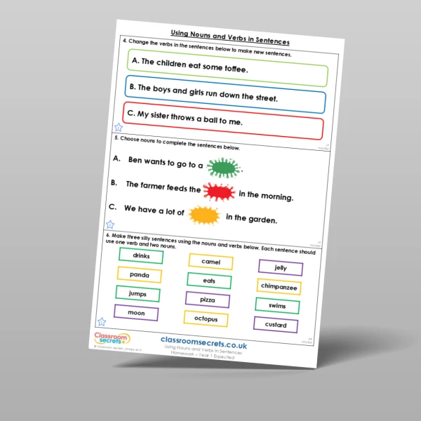 An image of the Using Nouns and Verbs in Sentences Homework Resource