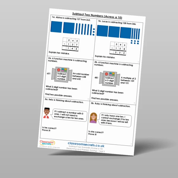 An image of the Subtract Two Numbers (Across a 10) Reasoning and Problem Solving Resource