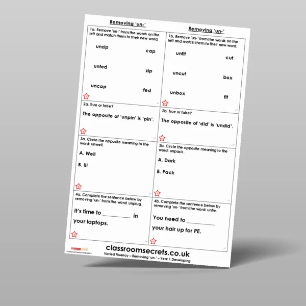 An image of the Removing 'un-' Varied Fluency Resource