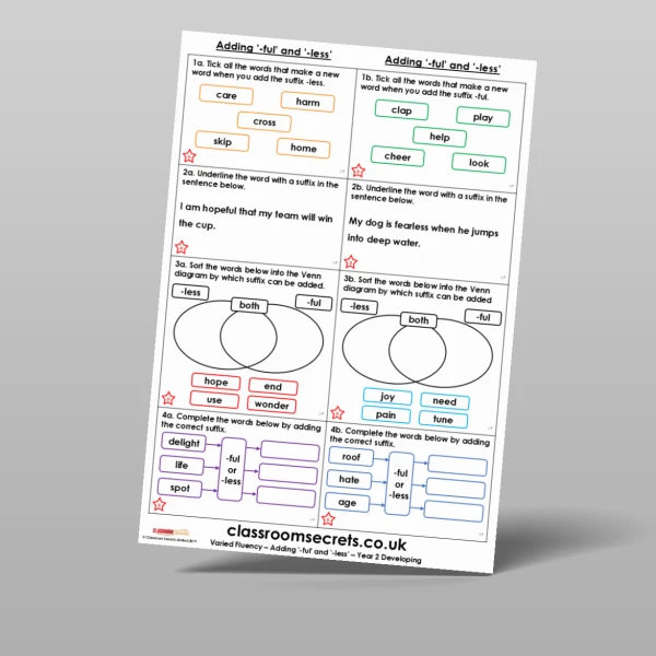An image of the Adding '-ful' and '-less' Varied Fluency Resource