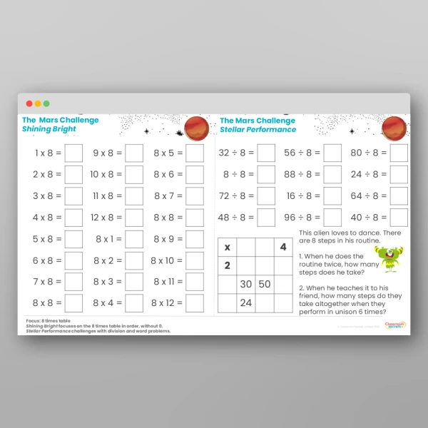 An image of the Challenge 6 Mars 8 Times Table Resource