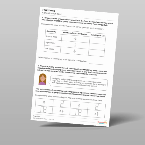 An image of the Fractions Consolidation Task Resource