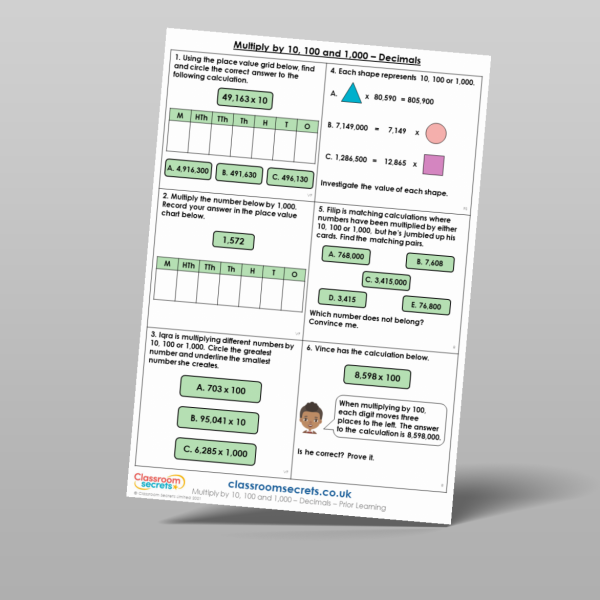Year 5 Multiply By 10 100 And 1 000 Decimals Prior Learning Resource ...