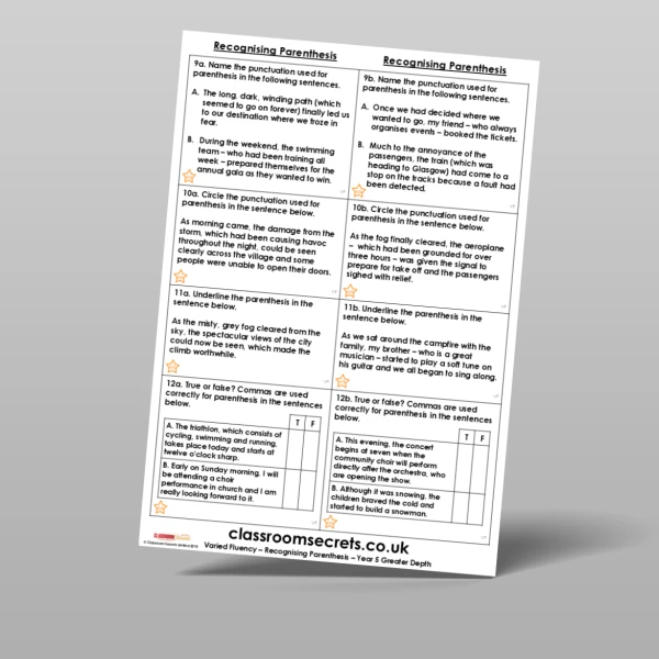 An image of the Free Recognising Parenthesis Varied Fluency Resource