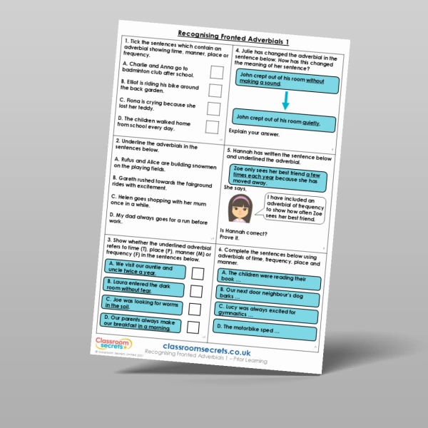 An image of the Recognising Fronted Adverbials 1 Prior Learning Resource