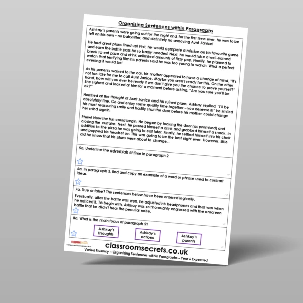 An image of the Organising Sentences within Paragraphs Varied Fluency Resource