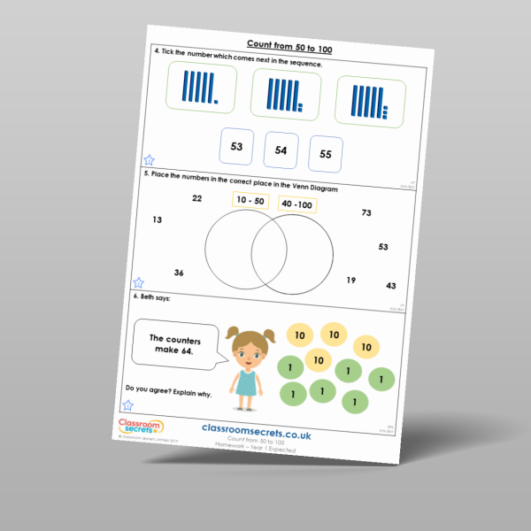 Year 1 count from 50 to 100 homework resource classroom secrets