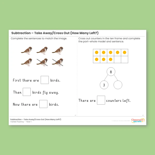 Year 1 Subtraction - Take Away Cross Out How Many Left Addition and Subtraction within 10 Varied Fluency