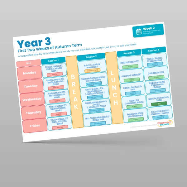 An image of the Free First Two Weeks of Autumn Term Timetable Resource