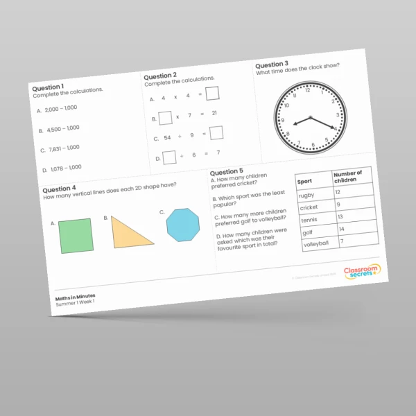 An image of the Free Summer 1 Week 1 Maths in Minutes Resource