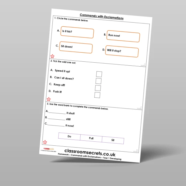 An image of the Commands with Exclamations Homework Resource