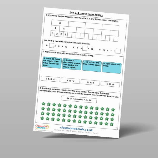 An image of the The 2, 4 and 8 Times Tables Homework Resource
