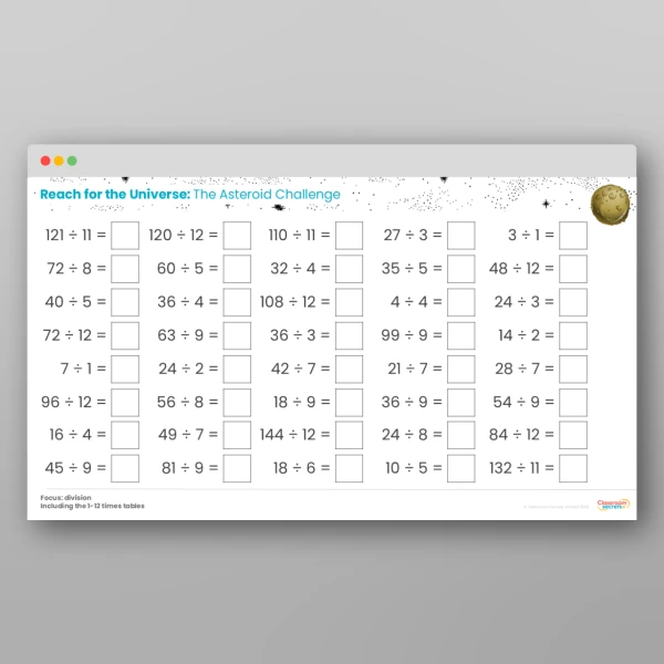 An image of the Challenge 12 Asteroids Division Times Tables Resource