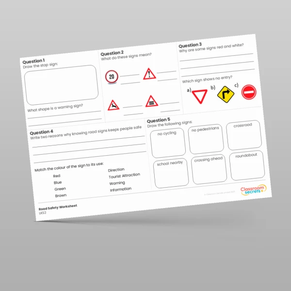 An image of the KS2 Road Safety Signs Worksheet Resource