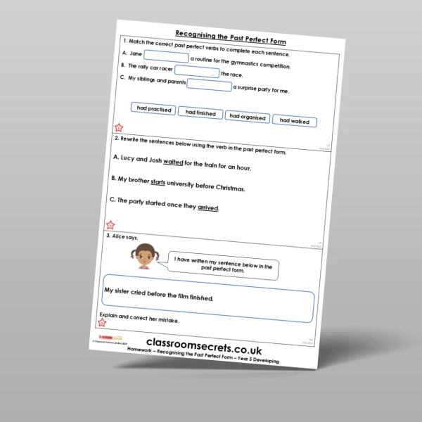 An image of the Recognising the Past Perfect Form Homework Resource