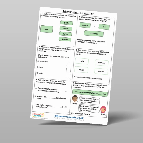 An image of the Adding '-ate', '-ise' and '-ify' Mixed Activity Resource