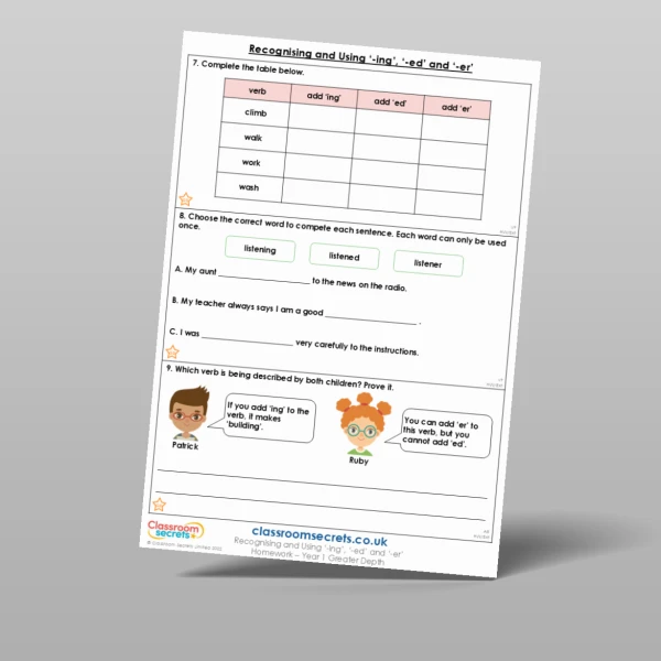 An image of the Recognising and Using '-ing', '-ed' and '-er' Homework Resource