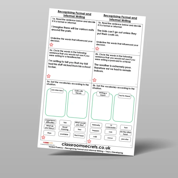 An image of the Free Recognising Formal and Informal Writing Varied Fluency Resource