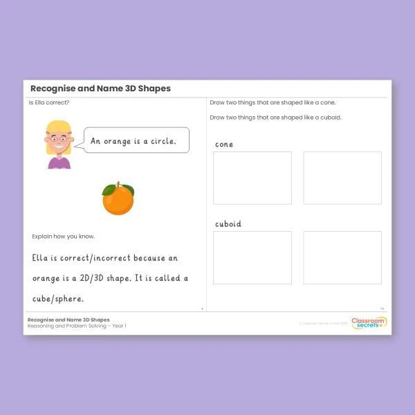 Year 1 Recognise and Name 3D Shapes Shape Reasoning and Problem Solving