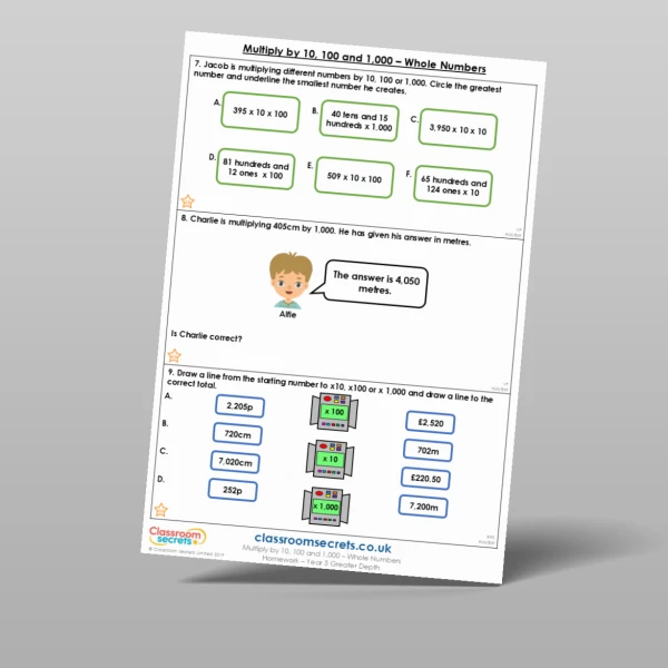 An image of the Multiply by 10, 100 and 1,000 - Whole Numbers Homework Resource
