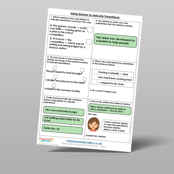 An image of the Using Dashes to Indicate Parenthesis Mixed Activity Resource