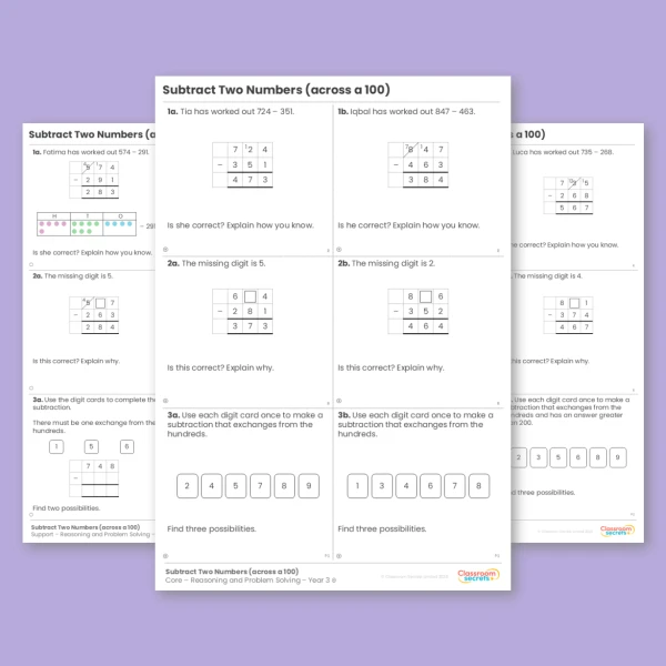 Year 3 Subtract Two Numbers (across a 100) Addition and Subtraction Reasoning and Problem Solving