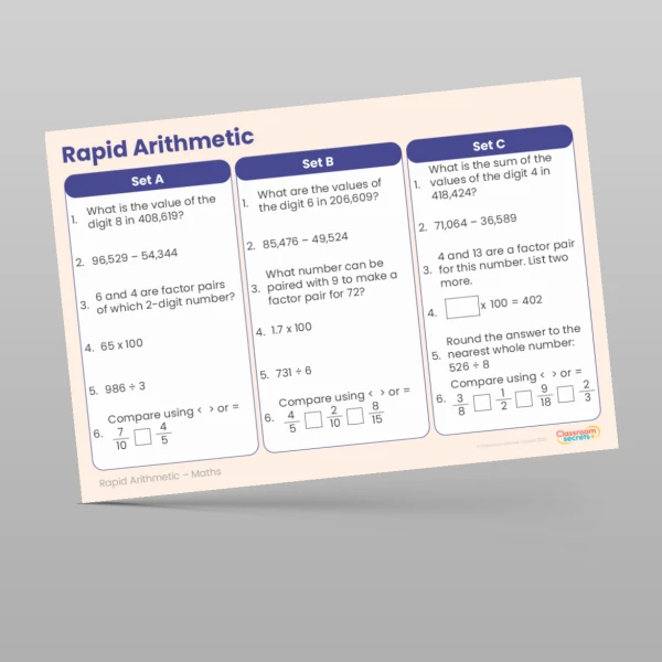 An image of the Spring 1 Week 6 Rapid Arithmetic Resource
