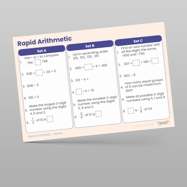 An image of the Spring 1 Week 2 Rapid Arithmetic Resource