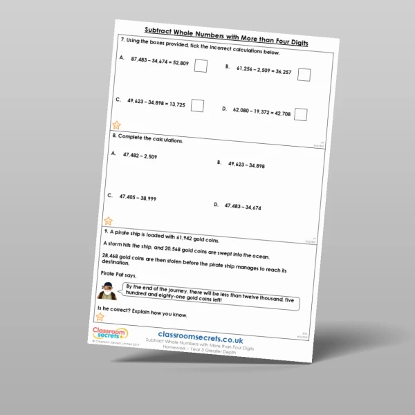 An image of the Subtract Whole Numbers with More than Four Digits Homework Resource
