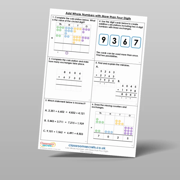 An image of the Add Whole Numbers with More than Four Digits Prior Learning Resource